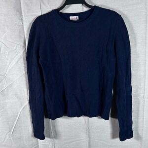 Pink Pineapple Navy Blue 100% Cashmere Cable Knit Crewneck Sweater Womens L